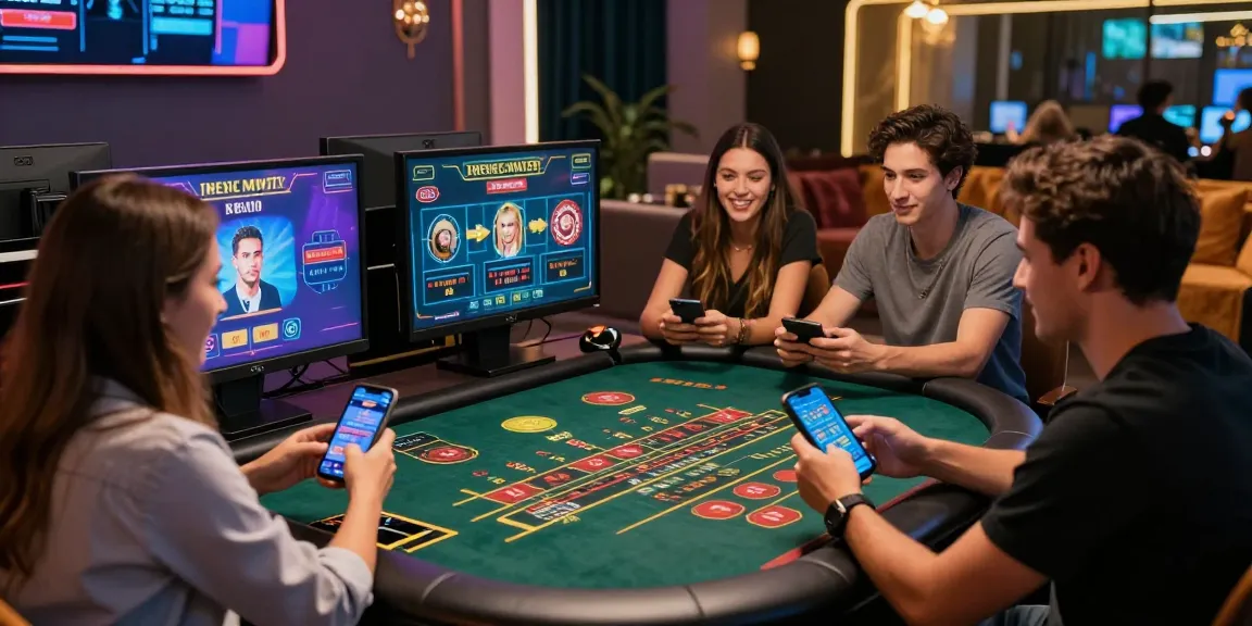 Trải nghiệm cá cược trực tuyến tại E2WIN với nhóm bạn bè vui vẻ bên bàn casino.