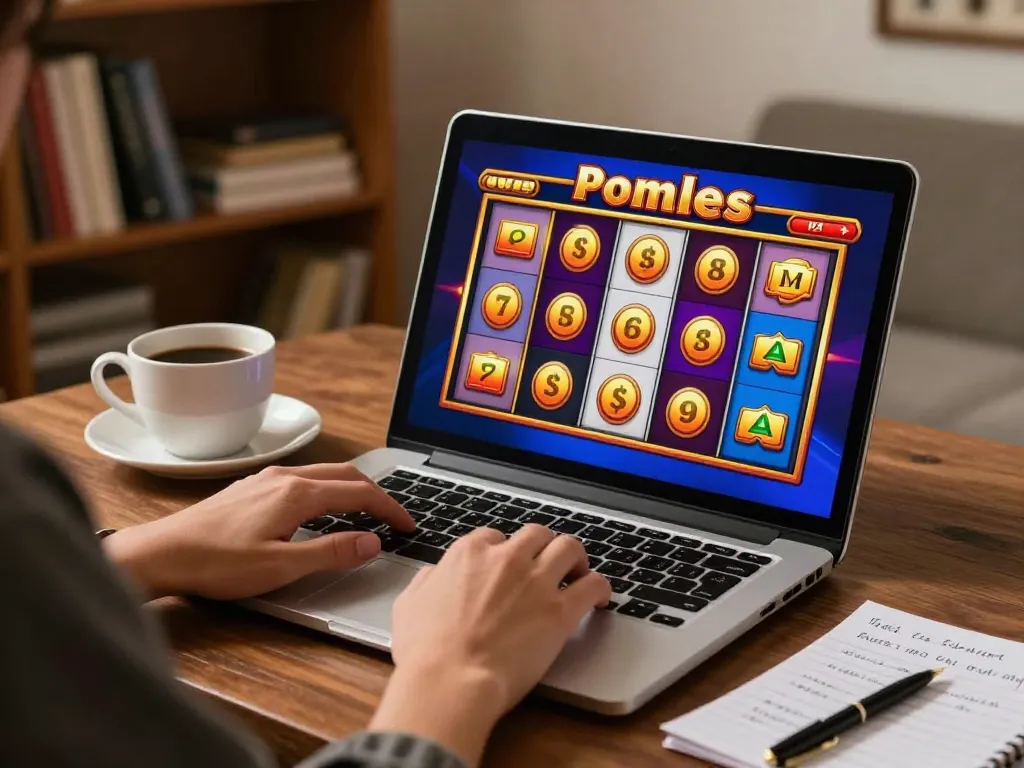Engaging in responsible gaming at TR88 with a vibrant online slot game on laptop, cozy home setup.