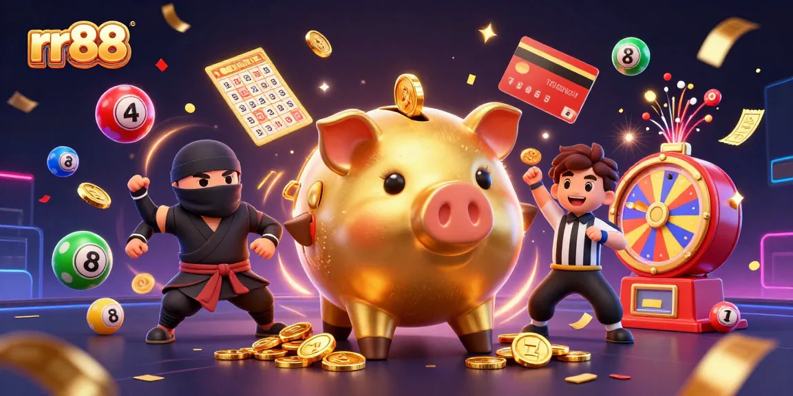 Experience the excitement of rr88 with a vibrant 3D illustration of a gaming showdown featuring a sumo wrestler and ninja amidst golden jackpots.