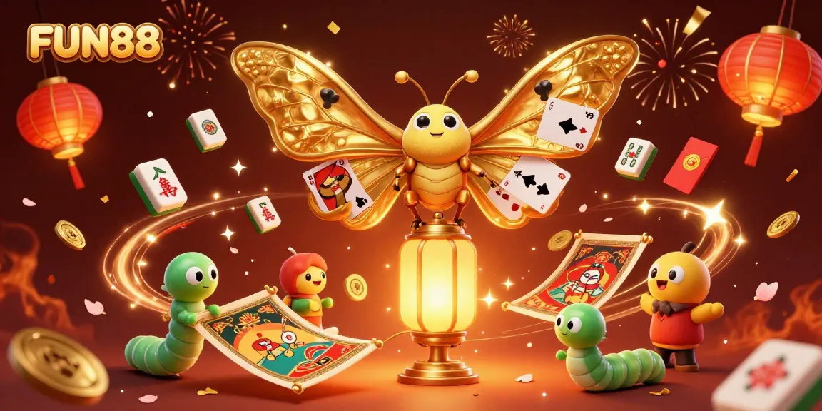 Unveil gambling magic with FUN88 featuring a vibrant 3D illustration of a golden-winged atlas moth amidst casino-themed treasures.