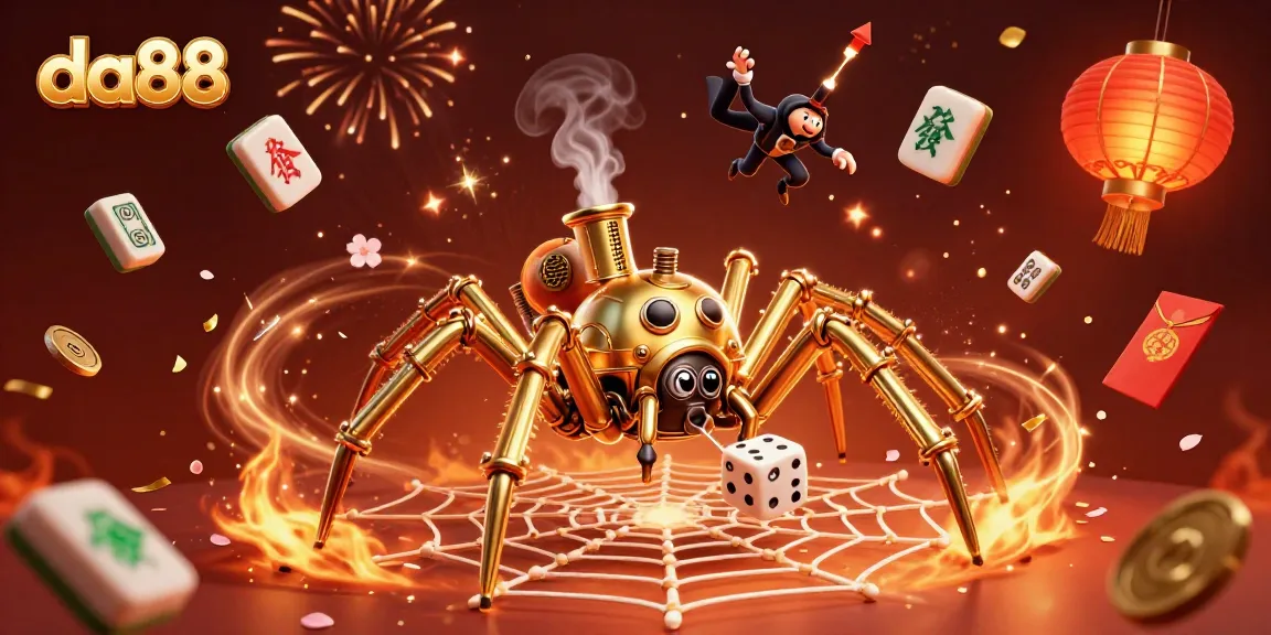 Experience the thrill with da88 featuring a steampunk spider and dynamic casino elements in a vivid landscape.