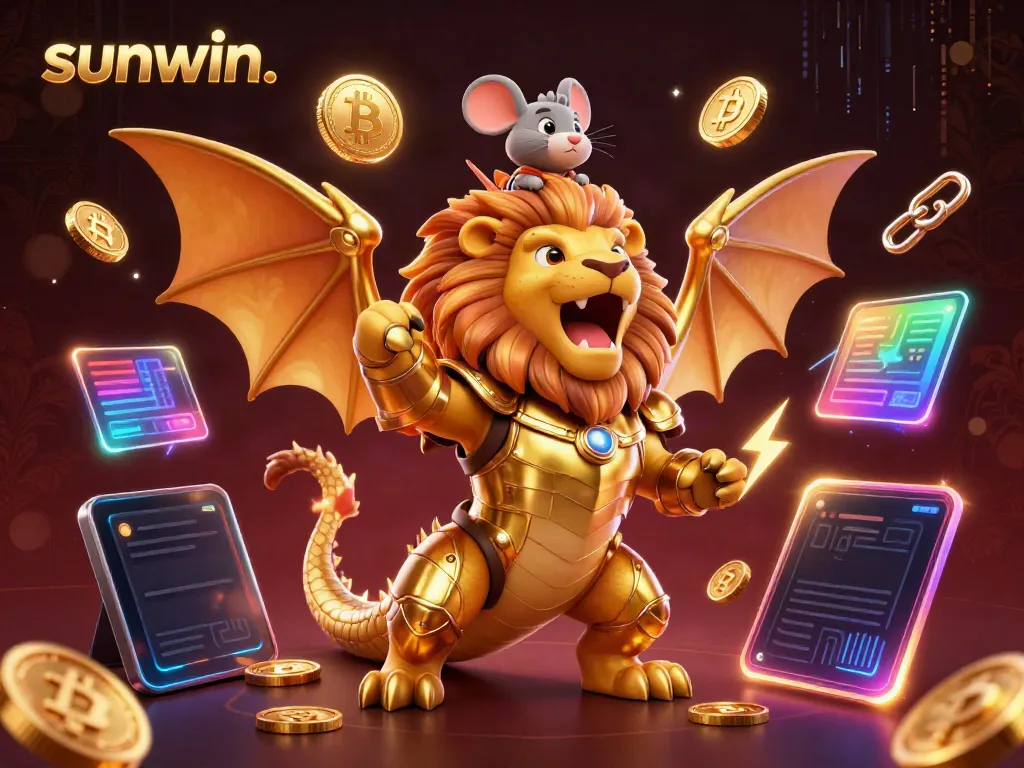 Experience the thrill of gambling with sunwin. in a dynamic scene featuring a golden chimera and crypto elements.