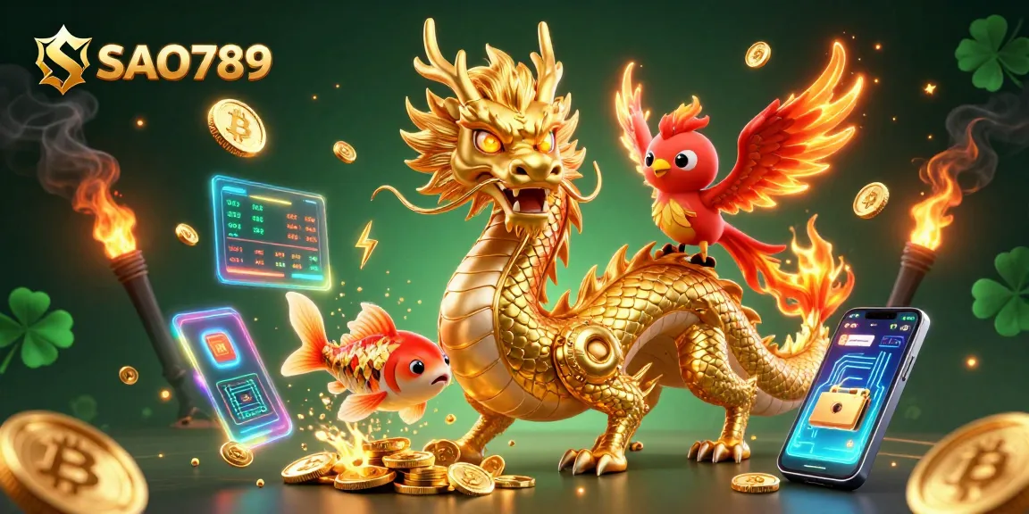 SAO789 offers players a vibrant scene with a golden dragon, phoenix, and koi celebrating gaming excitement