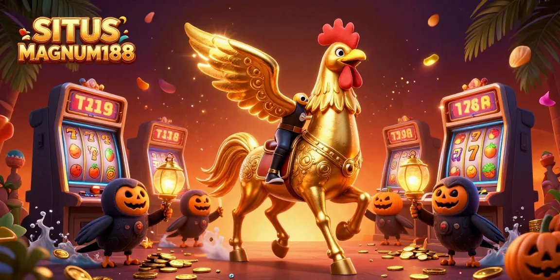 SITUS MAGNUM188 showcases a vibrant casino scene with a golden rooster and crow companions amidst slot machines and colorful coins.