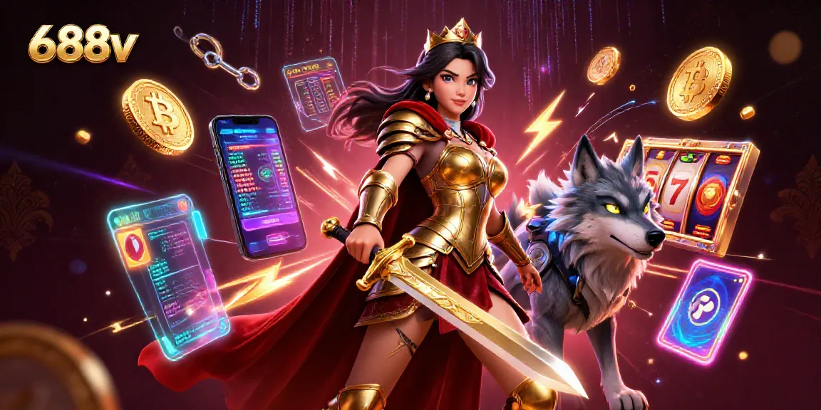 Experience thrilling gameplay at 688v with vibrant slots and crypto elements in a stunning 3D artwork.