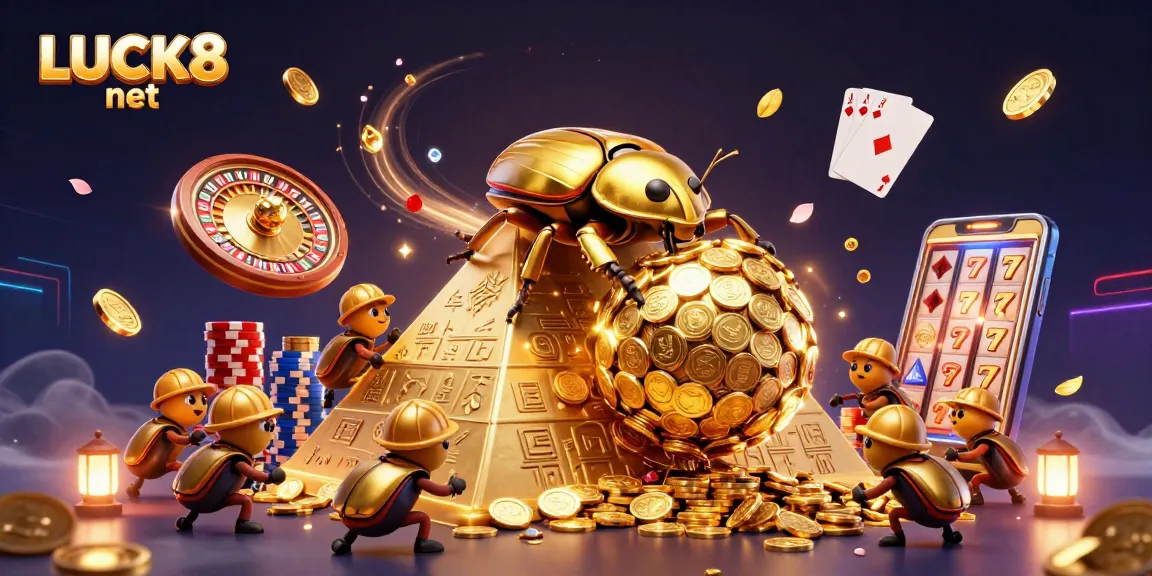 Engage with LUCK8 net in an exciting 3D illustration of a golden dung beetle rolling coins, surrounded by dynamic casino symbols.