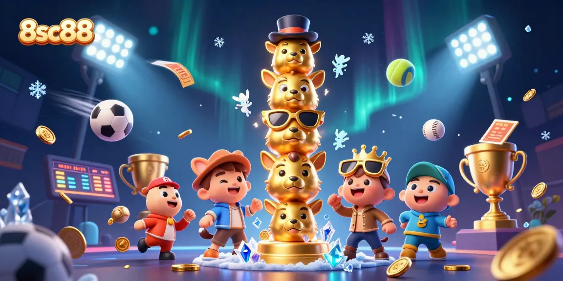 Engage in dynamic gameplay at 8sc88 with animated totem and flying sports elements amidst a vibrant atmosphere.