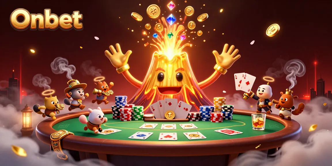 Experience ultimate thrills in Onbet's vibrant gaming scene with a golden volcano erupting treasures.