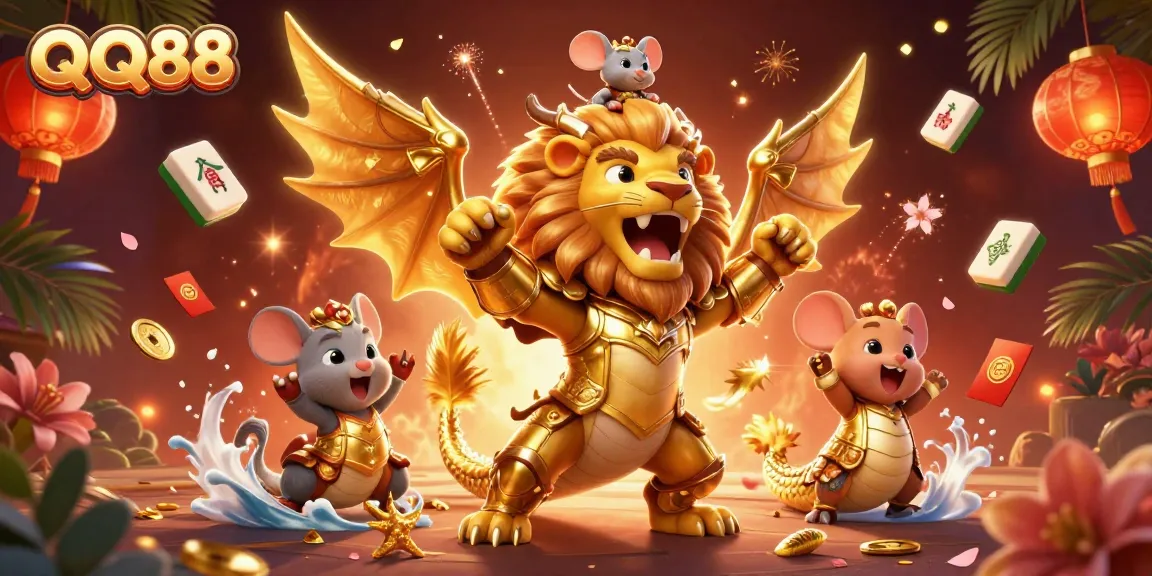 Experience the excitement of QQ88 with golden-charming characters and casino elements depicted in dynamic 3D art.