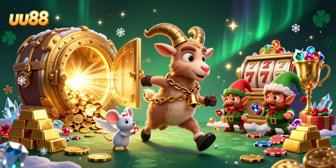 uu88 players enjoying a festive casino scene with Krampus goat, angel mouse, and elf gremlins.