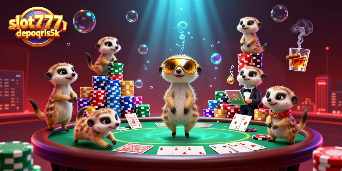 Experience thrilling wins at slot777depoqris5k with lively meerkats in a casino scene.