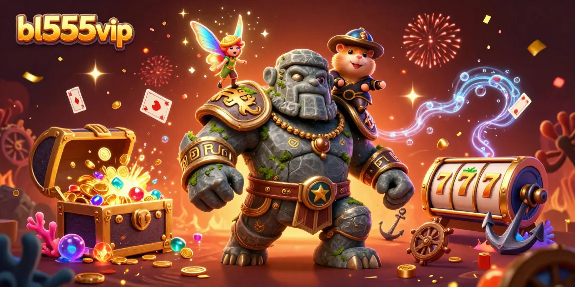 Spin the reels with bl555vip as the magical golem guardian and fairy bring luck in a vibrant casino scene.