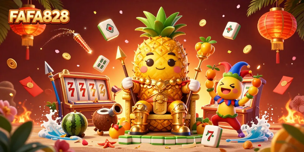Experience the excitement of FAFA828 with a vibrant beach casino scene featuring a golden pineapple king and rich gaming elements.