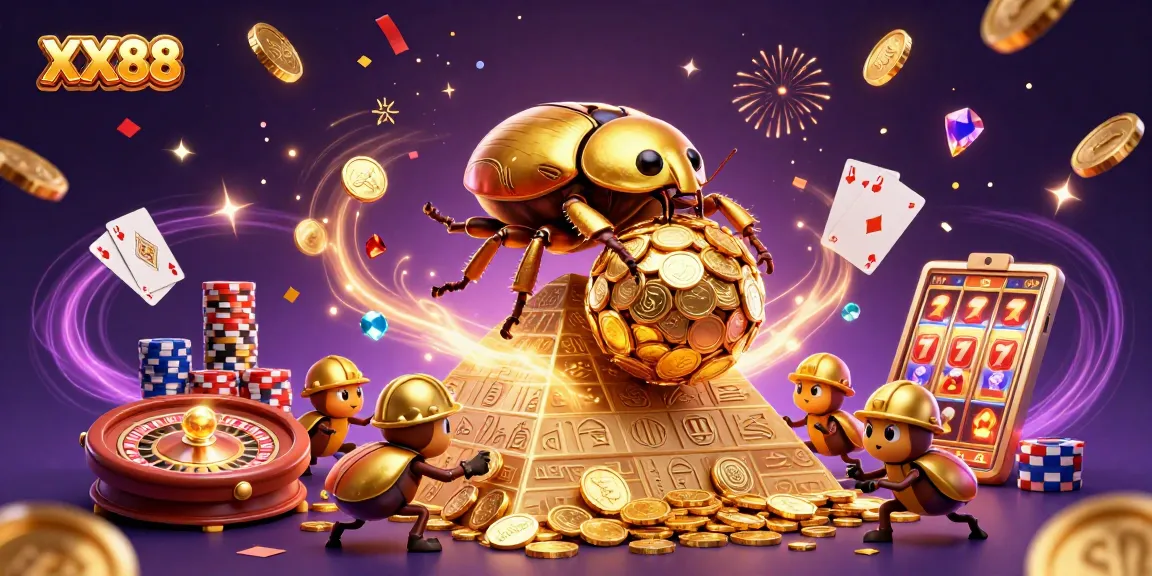 Experience big wins at XX88 with a colorful illustration of a golden beetle casino adventure.