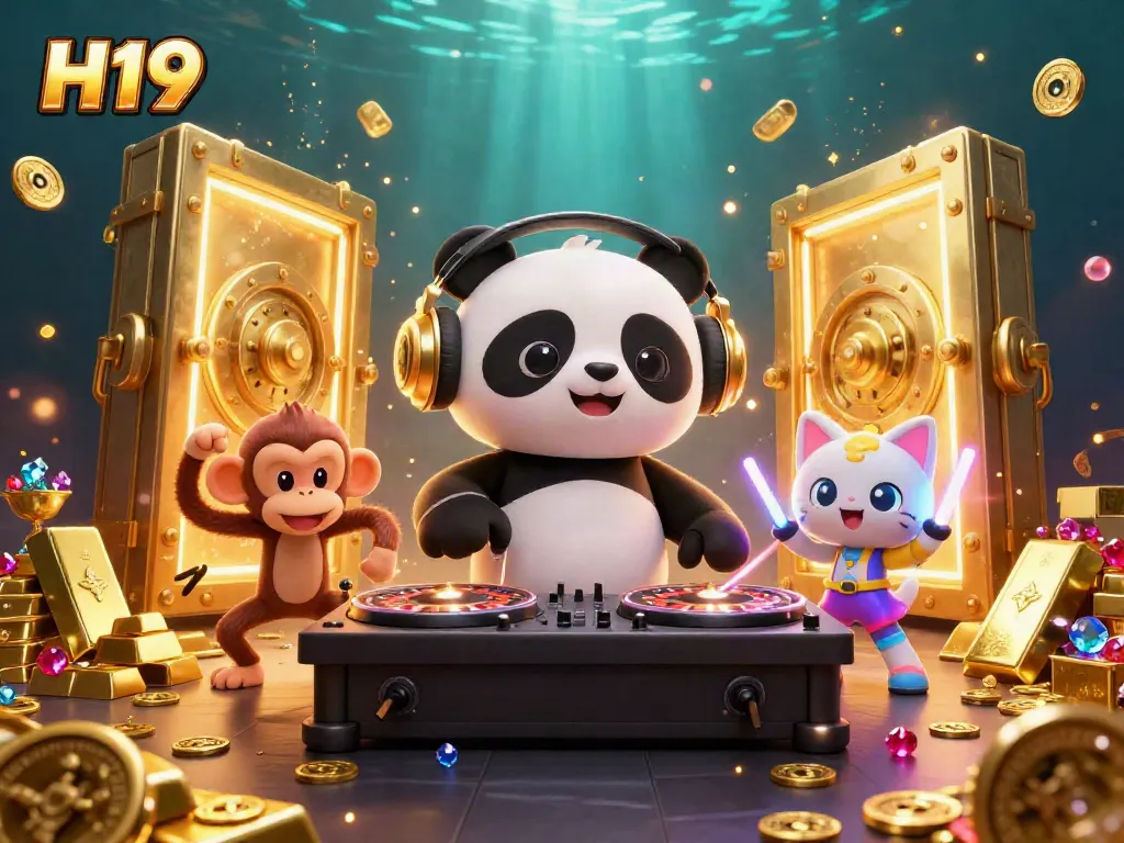 Engage with H19 as a DJ panda spins on roulette wheels amidst vibrant casino treasure.