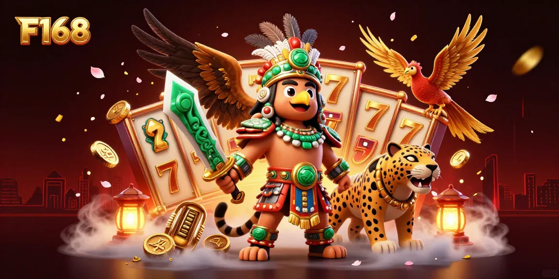 Engage in exciting jackpot wins at F168 with dynamic 3D casino warriors surrounded by vibrant gaming elements.