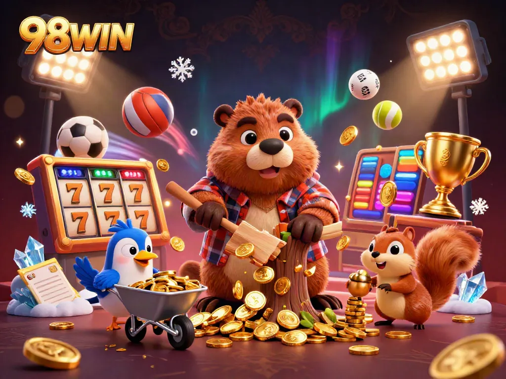 98WIN casino scene with a cartoon beaver, coins raining down, and vibrant gambling elements.