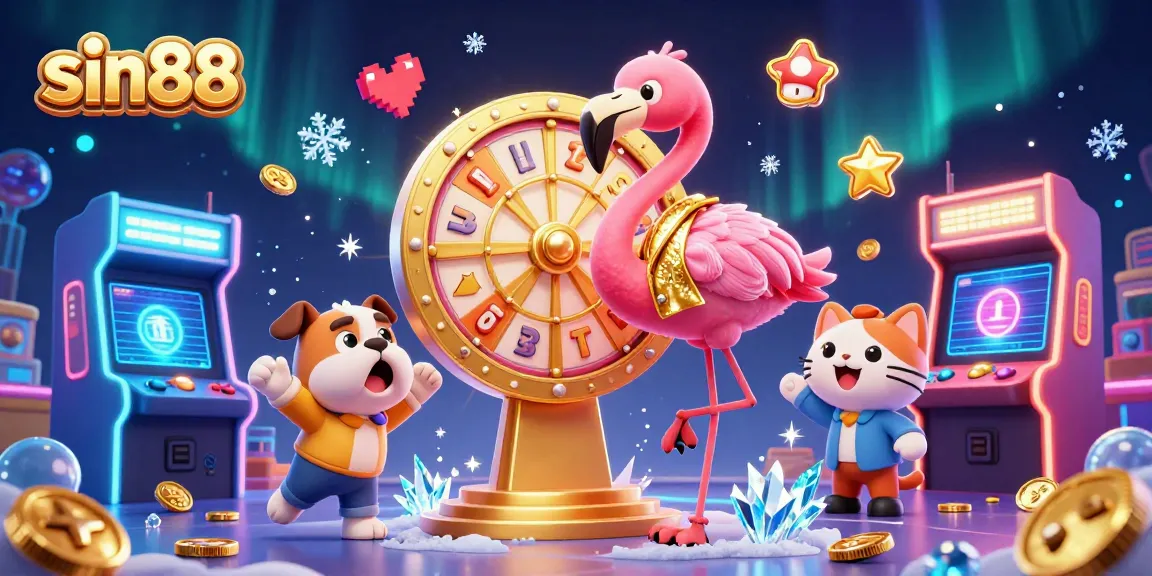 Spin the giant golden prize wheel at sin88 with 3D characters and vibrant casino elements.