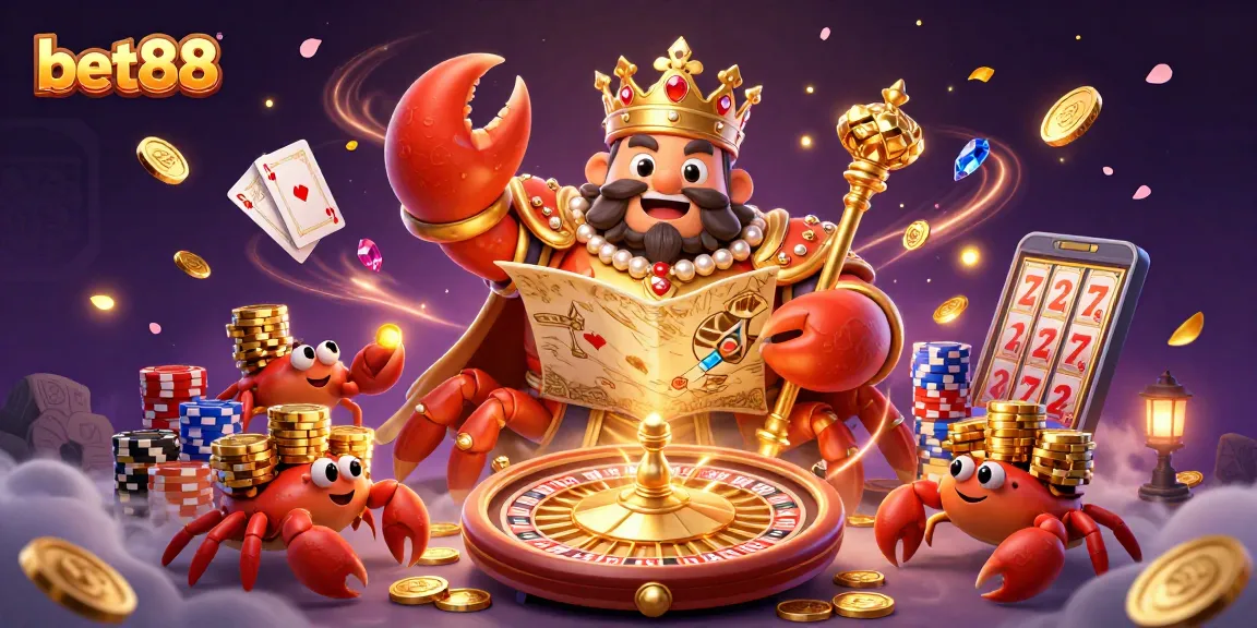 Bet88's vibrant fantasy casino scene featuring a golden crab emperor and treasures.