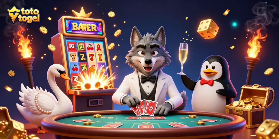Spin the reels with toto togel in a bustling casino scene filled with animated characters and vibrant game elements.
