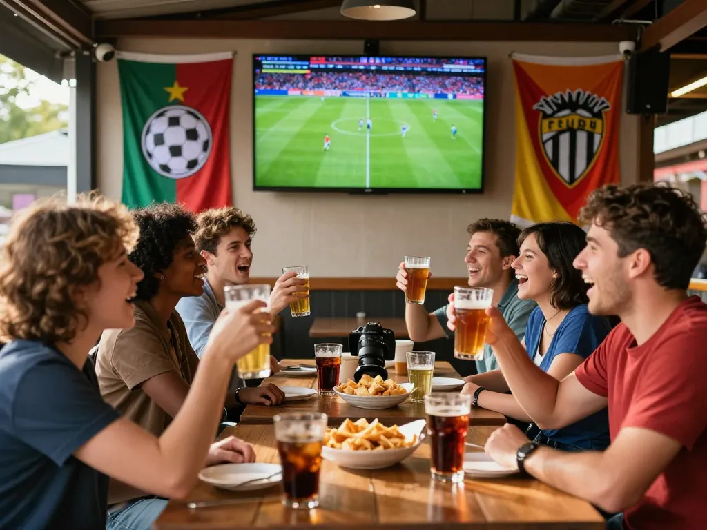 Exciting outdoor sports bar scene during a football match, showcasing diverse fans cheering, highlighting trang cá độ bóng đá experience.