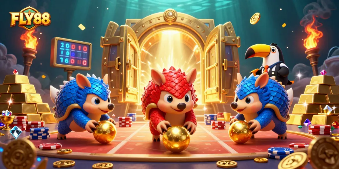 FLY88 pangolins bowling through poker chips in a vibrant casino scene filled with treasures.