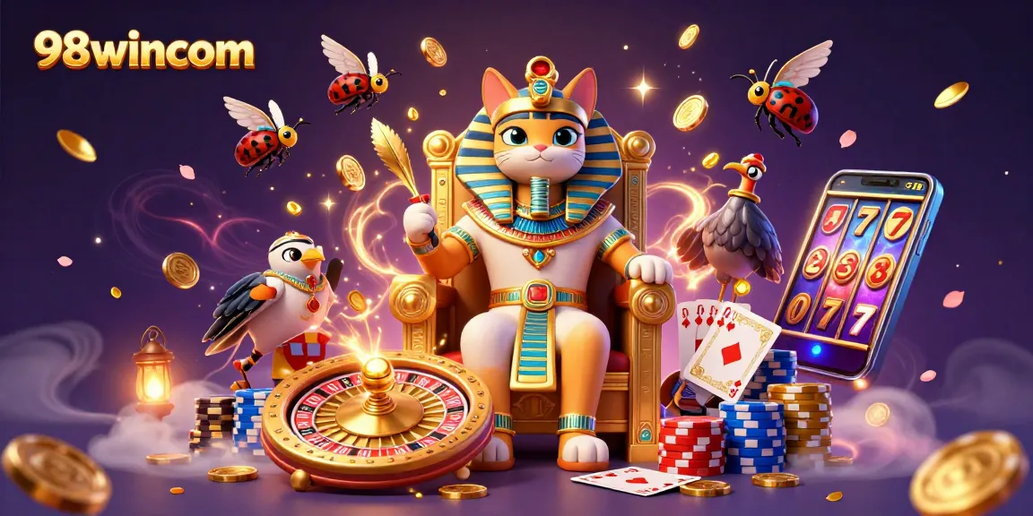 Experience the excitement of 98wincom's captivating casino world with vibrant characters and dynamic gaming elements.