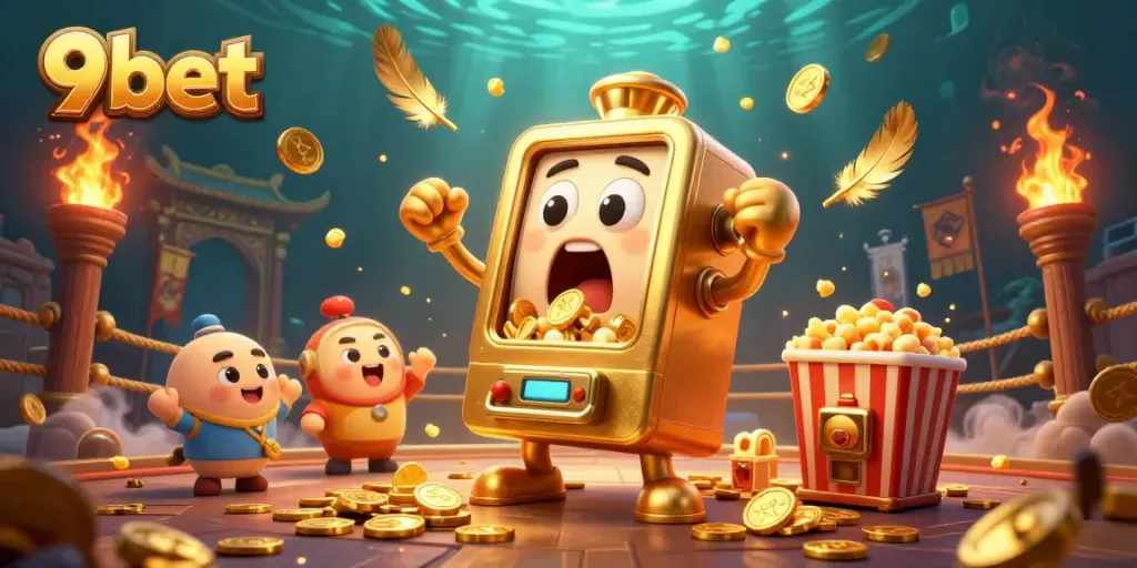 Join the fun at 9bet as the golden slot machine celebrates hitting a jackpot with coins pouring everywhere.