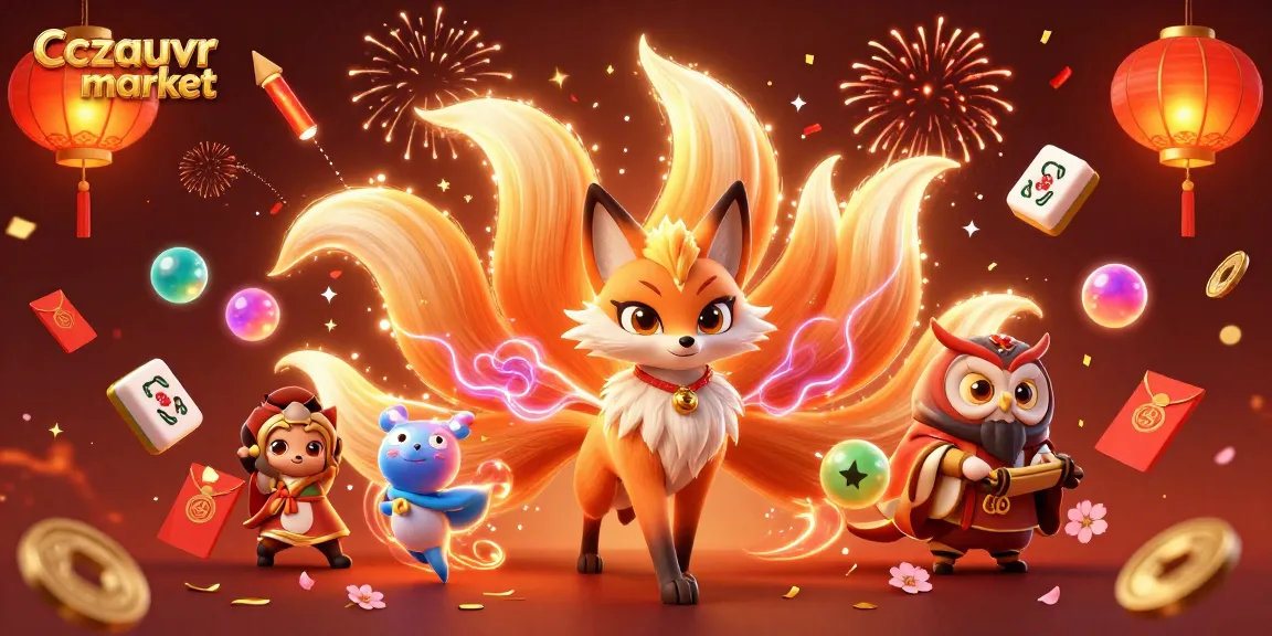 Cczauvr market displays vibrant gaming elements with a glowing nine-tailed fox and wise owl.