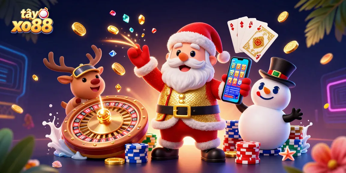 Spin the reels at tại xo88 with Santa, his reindeer, and a poker chip snowman!