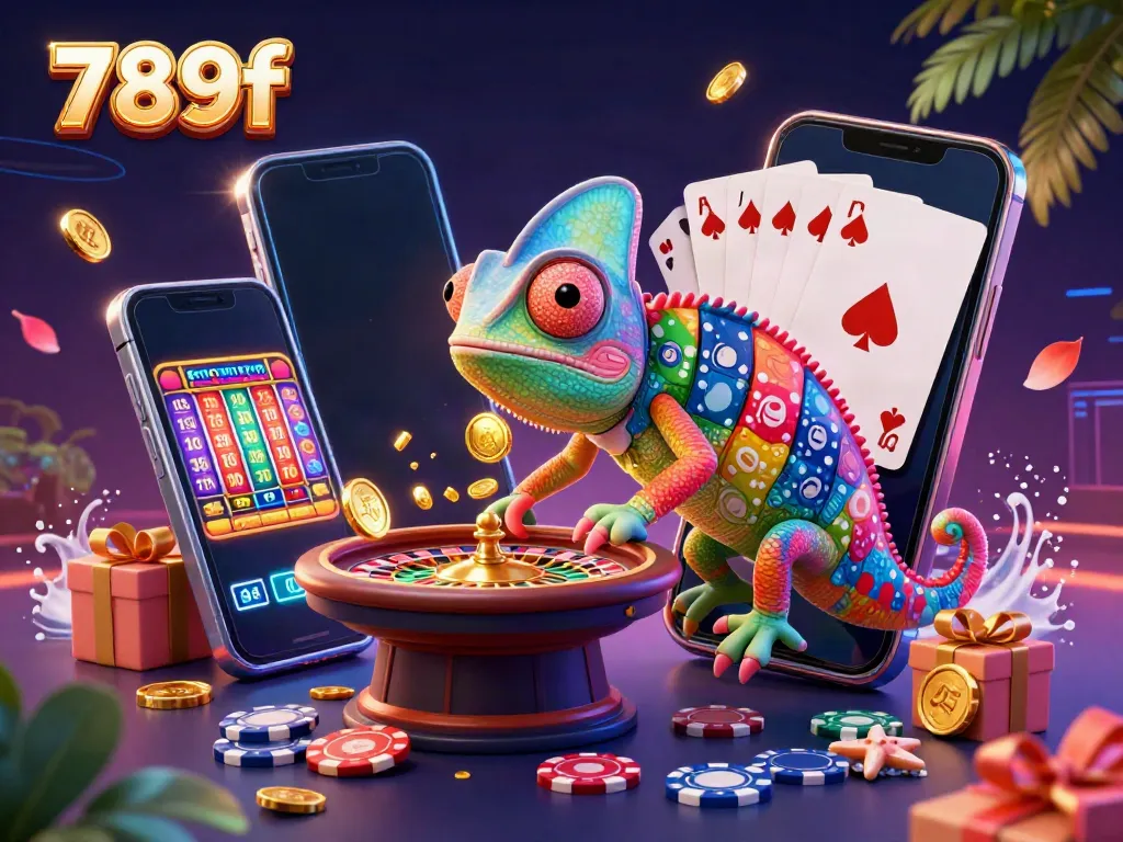Experience the vibrant casino world with 789f, featuring colorful slots and a chameleon owner!