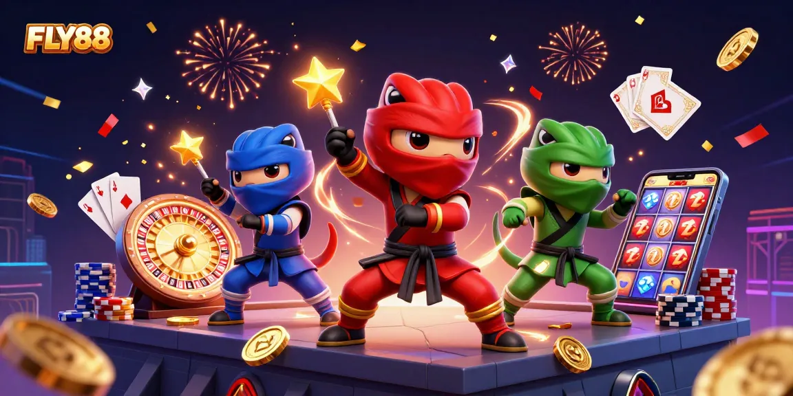 FLY88 showcases a 3D chameleon ninja team celebrating winning moments in an exciting casino atmosphere.