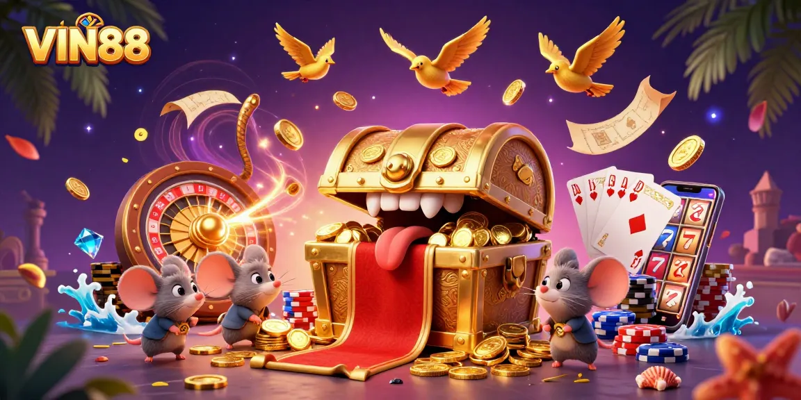 VIN88 offers vibrant casino excitement with a golden treasure chest and riches, captivating players with dynamic gaming elements.