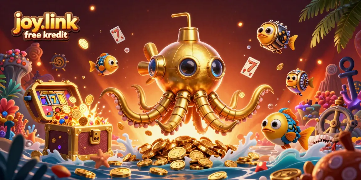Bet gamblers' luck in the joy.link free kredit treasure hunt with a golden kraken submarine amid riches.