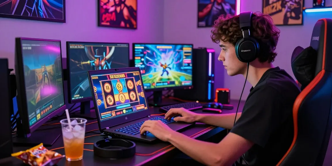 Player enjoying thrilling online slots at https://gravatar.com/playbook88official in a colorful gaming setup.