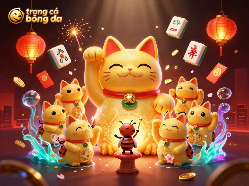 Experience the thrill of trang cá cược bóng đá with a vibrant illustration showcasing a playful golden cat amidst casino symbols.