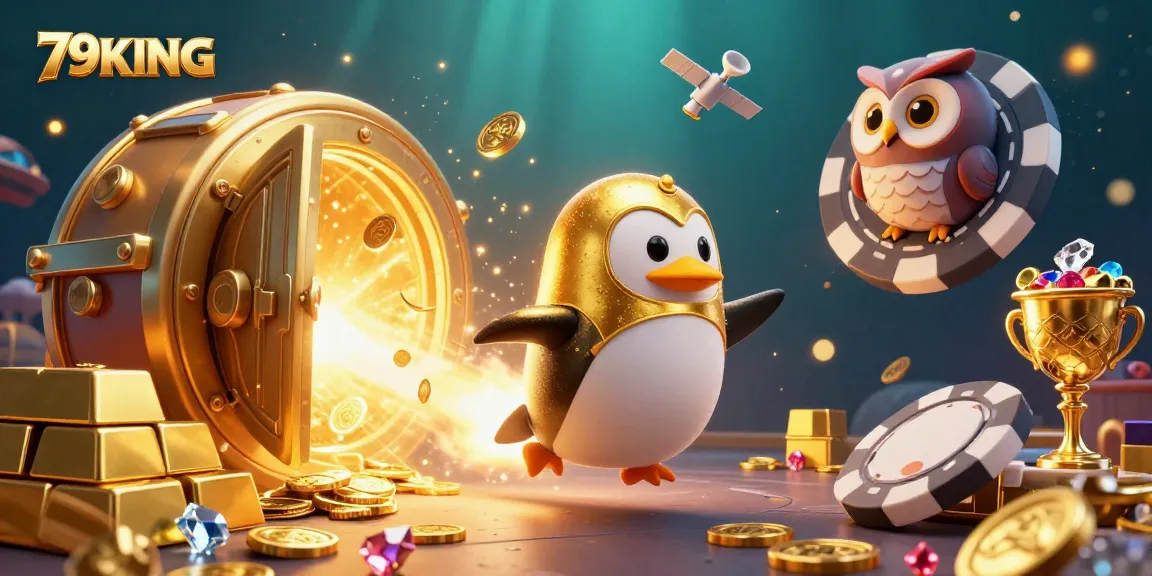 Engage with the vibrant and dynamic scene of 79KING, featuring a golden penguin racing towards a cosmic casino.
