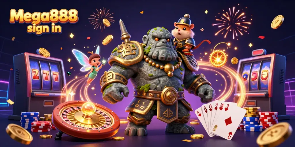 Experience seamless Mega888 sign in with vibrant characters celebrating amidst casino elements, maximizing your gameplay potential.