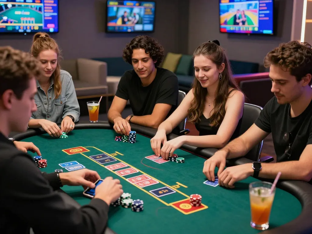 Exciting casino scene with diverse players enjoying MM88 online gambling experience at a virtual table.