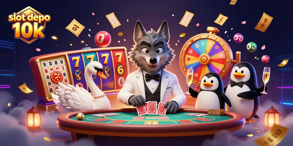 Experience the excitement of slot depo 10k with vibrant card dealing, colorful lottery balls, and luxury elements.