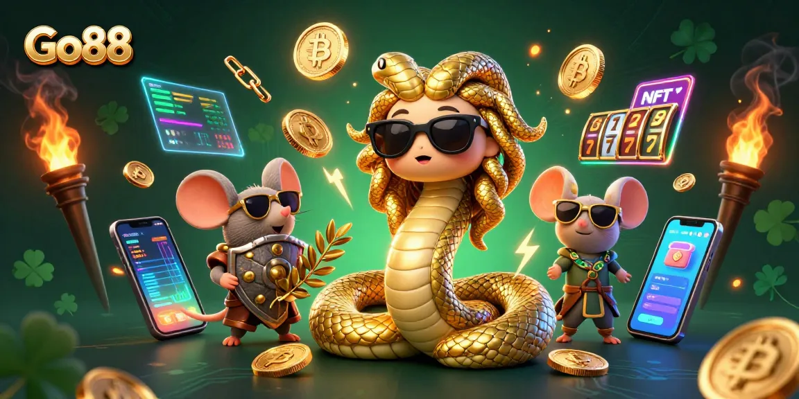 Engage with Go88 in a vibrant, dynamic casino scene featuring Medusa and a warrior mouse.