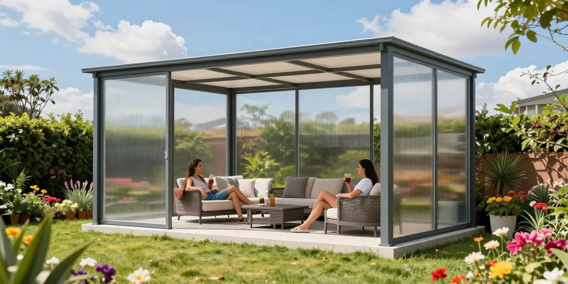 Terrassenüberdachung freistehend in einem blühenden Garten mit Paar, das entspannt unter der Überdachung sitzt.