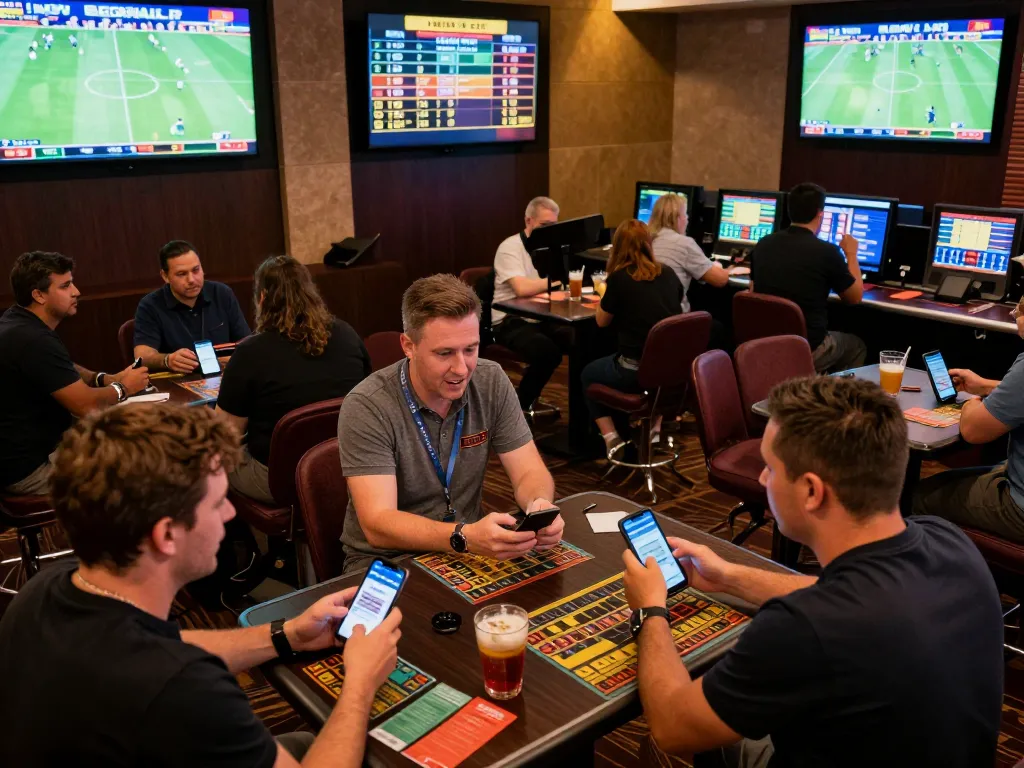 Excitement of keonhacai sports betting with fans cheering, watching live sports on screens