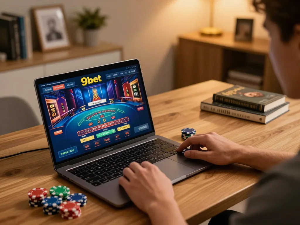 Player engaging with the 9bet platform on a laptop, showcasing live dealer game elements and betting strategy.