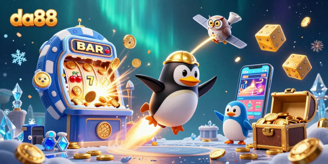 Engage in the exhilarating da88 casino adventure with a golden penguin, jackpot machines, and vibrant elements.