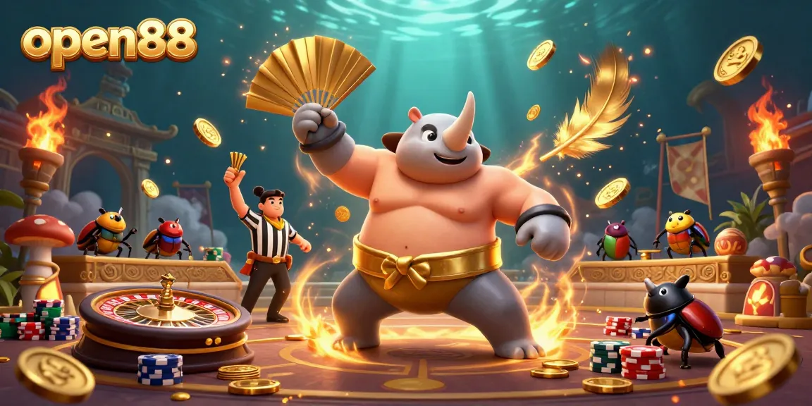 Open88 Casino scene features a beetle champion and captivating gambling elements.
