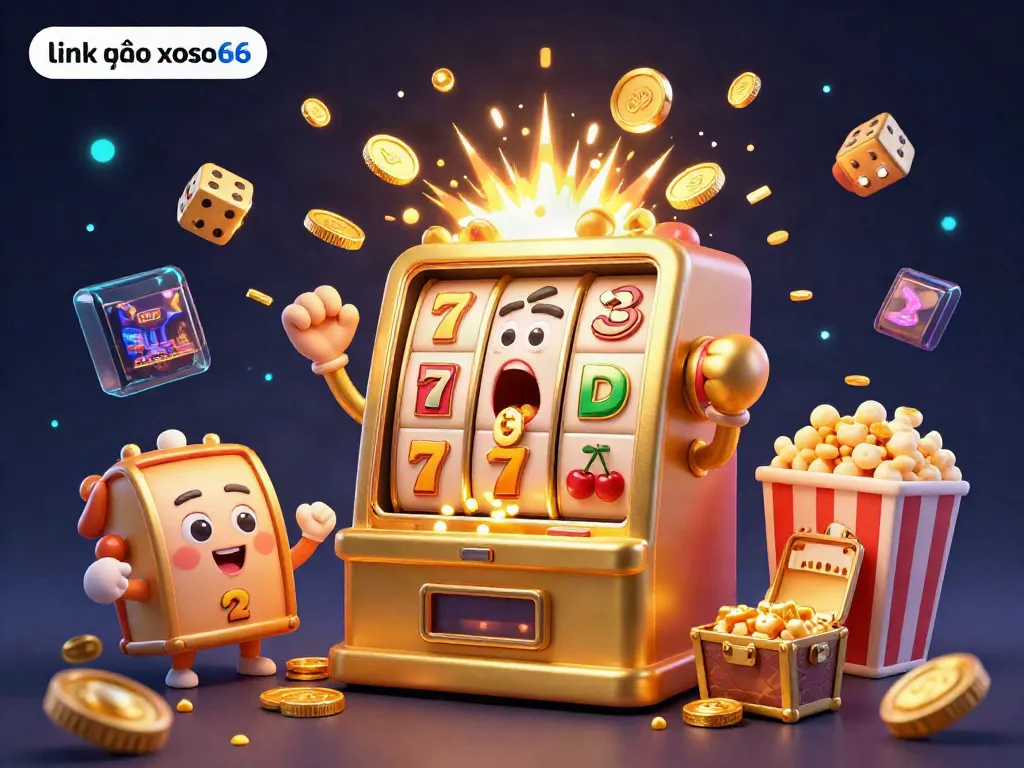 Engage with the vibrant world of link vào xoso66 as a golden slot machine hits a jackpot, surrounded by cheering characters and rich casino elements.