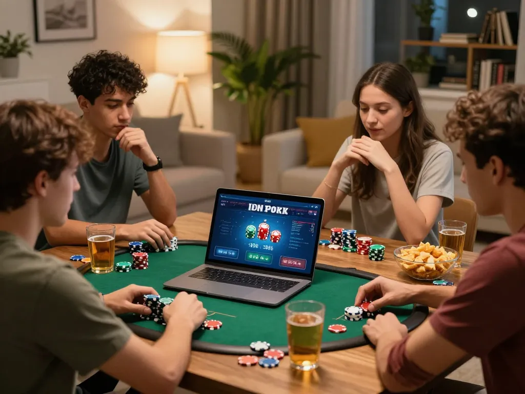 Pemain IDN Poker menyusun strategi permainan online sambil dikelilingi camilan dan minuman di rumah.