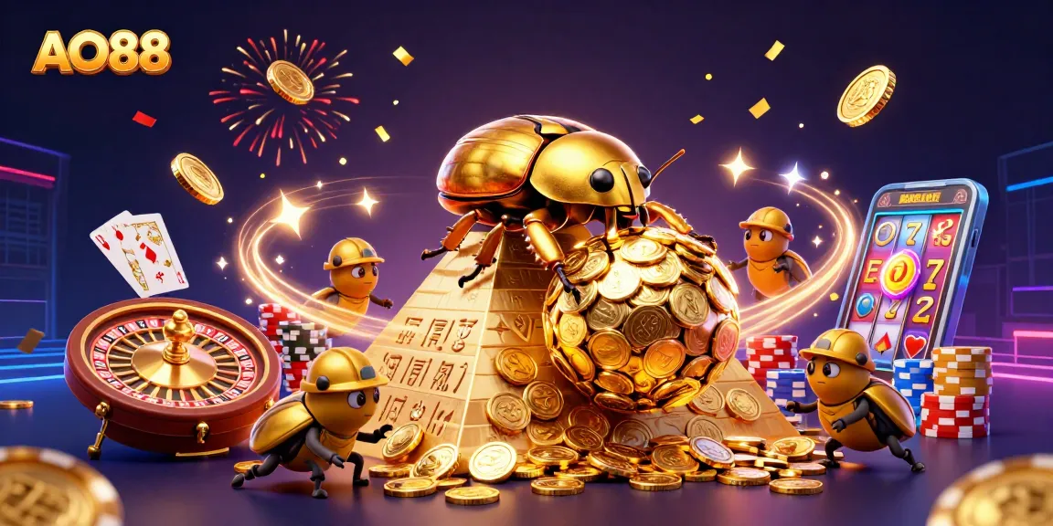Roll in golden coins with AO88 as the massive dung beetle pushes wealth in a vibrant 3D casino scene.