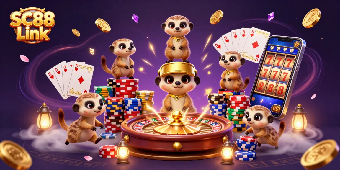 Experience the vibrant SC88 Link casino adventure with animated meerkats managing games and winning chips.